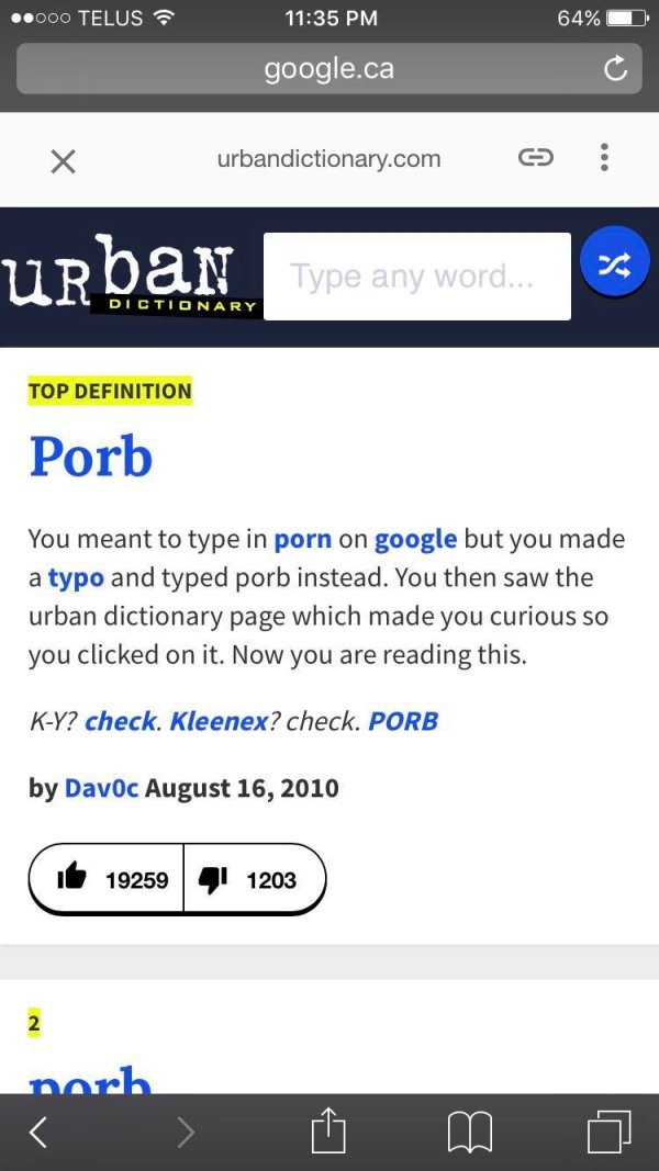 funny Urban Dictionary page for the word Porb