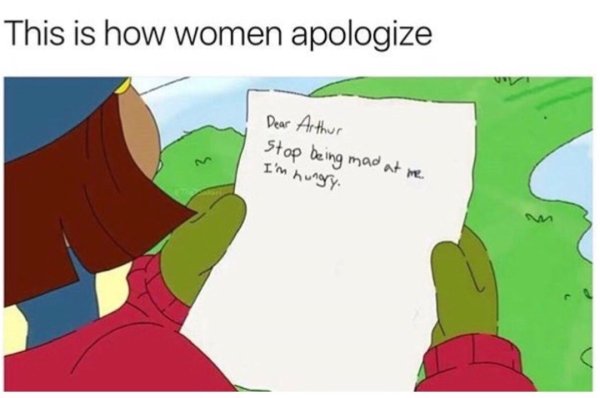 Meme cartoon about how woman apologize by saying they are hungry.