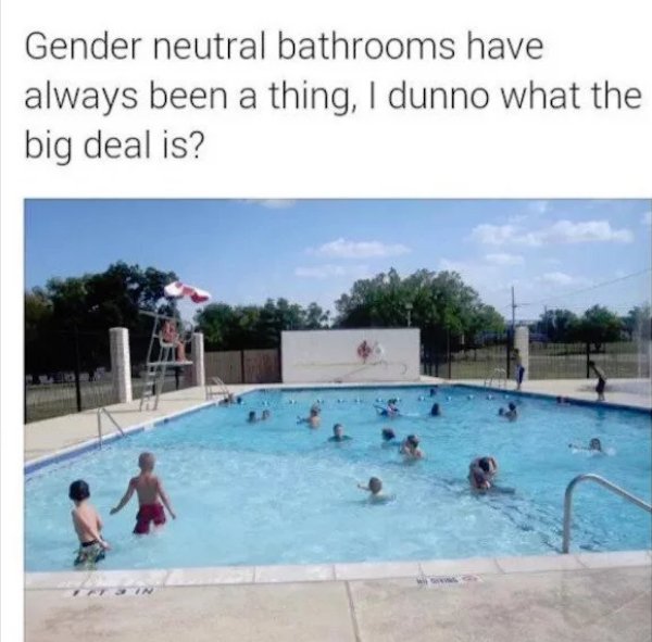 Meme about how gender neutral bathrooms have always been around, with pic of public swimming pool.