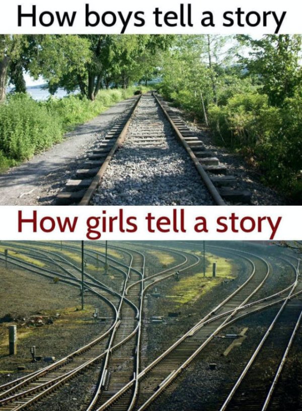 one railroad track to represent how boys tell a story, multiple overlapping tracks for how a girl tells a story.