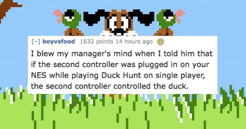 duck hunter nes - boyvsfood 1632 points 14 hours ago I blew my manager's mind when I told him that if the second controller was plugged in on your Nes while playing Duck Hunt on single player, the second controller controlled the duck.