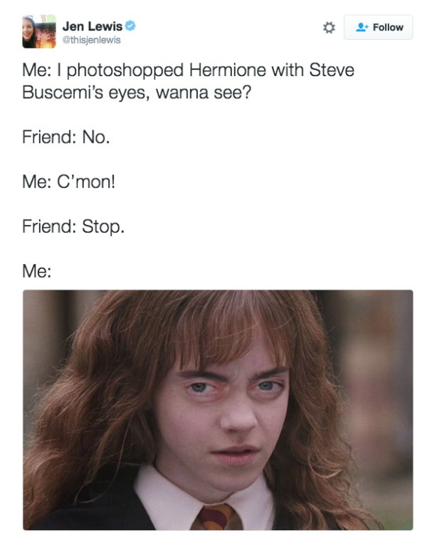 harry potter - Jen Lewis Me I photoshopped Hermione with Steve Buscemi's eyes, wanna see? Friend No. Me C'mon! Friend Stop. Me
