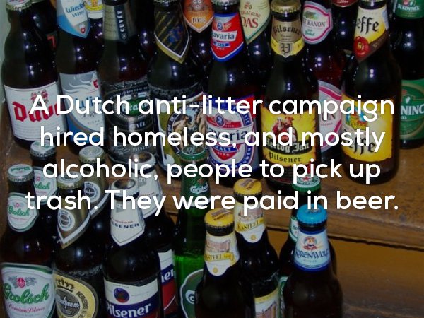 Web Mische ffe avaria Da Dutch antilitter campaign ning hired homeless and mostly alcoholic, people to pick up trash. They were paid in beer. Piss sener