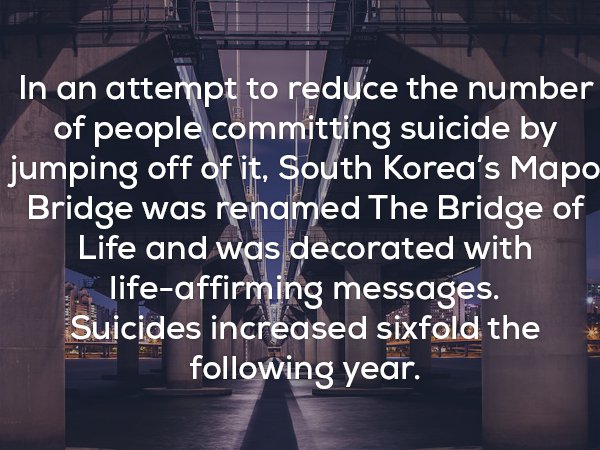creepy facts about life - In an attempt to reduce the number of people committing suicide by jumping off of it, South Korea's Mapo Bridge was renamed The Bridge of Life and was decorated with lifeaffirming messages. Suicides increased sixfold the ing year