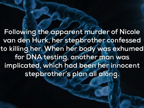 graphics - ing the apparent murder of Nicole van den Hurk, her stepbrother confessed to killing her. When her body was exhumed for Dna testing, another man was implicated, which had been her innocent stepbrother's plan all along.