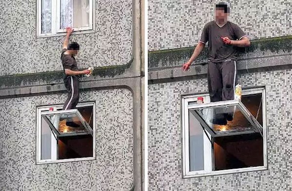 Russian man walking on a window