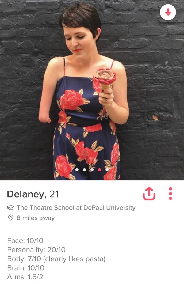 tinder - shoulder - Delaney, 21 The Theatre School at DePaul University 8 miles away Face 1010 Personality 2010 Body 710 clearly pasta Brain 1010 Arms 1.52