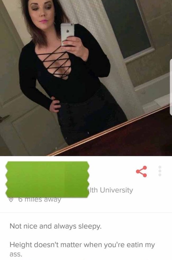 tinder - shoulder - alth University 6 miles away Not nice and always sleepy. Height doesn't matter when you're eatin my ass.