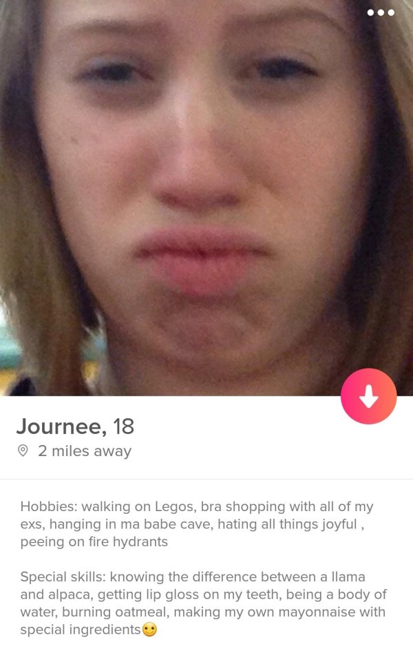 tinder - lip - . . . Journee, 18 2 miles away Hobbies walking on Legos, bra shopping with all of my exs, hanging in ma babe cave, hating all things joyful, peeing on fire hydrants Special skills knowing the difference between a llama and alpaca, getting l