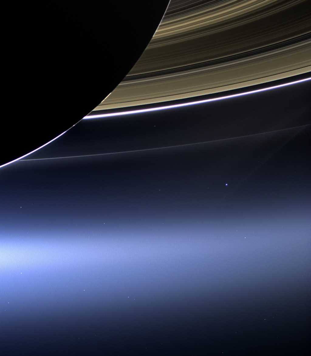 In memory of the Cassini probe, this is Earth as seen from Saturn. The tiny blue dot is us