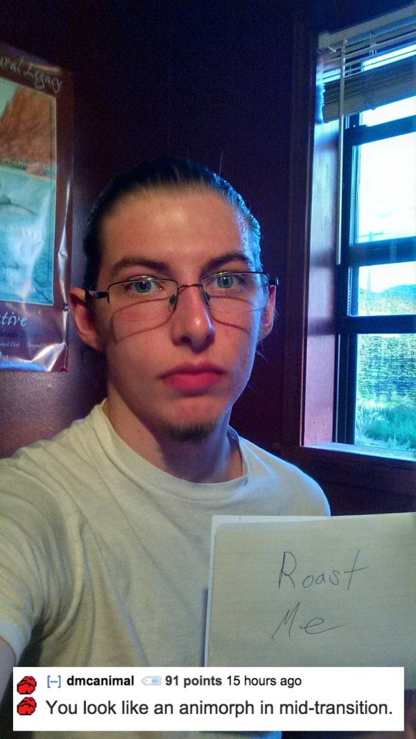 best roast me - tive Roast A dmcanimal 91 points 15 hours ago You look an animorph in midtransition.