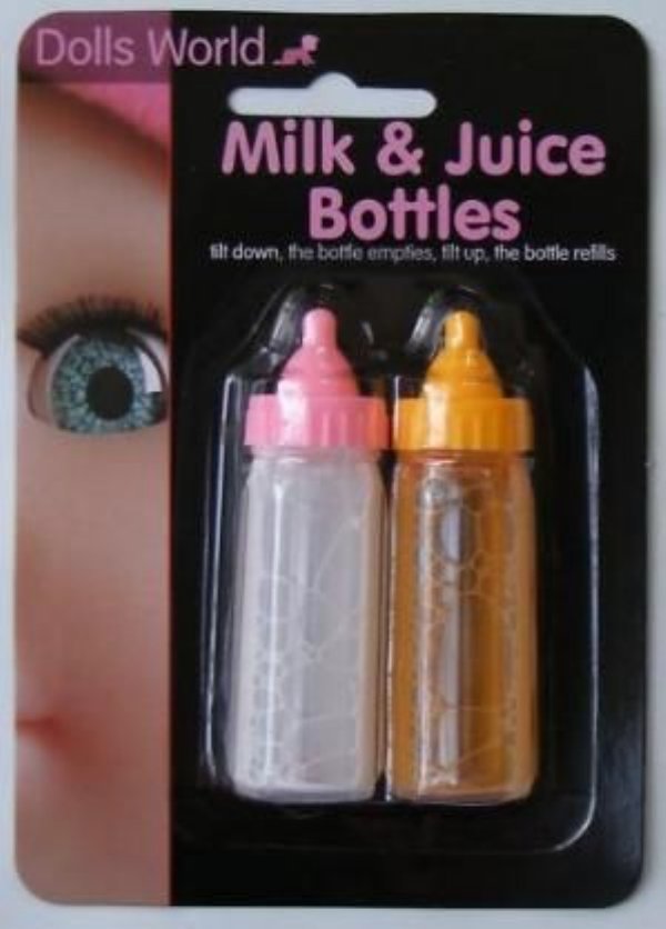 childhood 90s kids toys - Dolls World Milk & Juice Bottles alt down the botte emoties, filt up the bottle reils