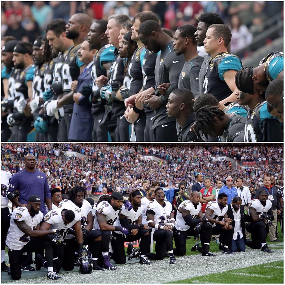 Ravens and Jaguars players locked arms while others kneeled for the national anthem.