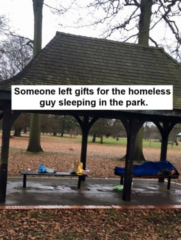 remind life is beautiful - Someone left gifts for the homeless guy sleeping in the park.