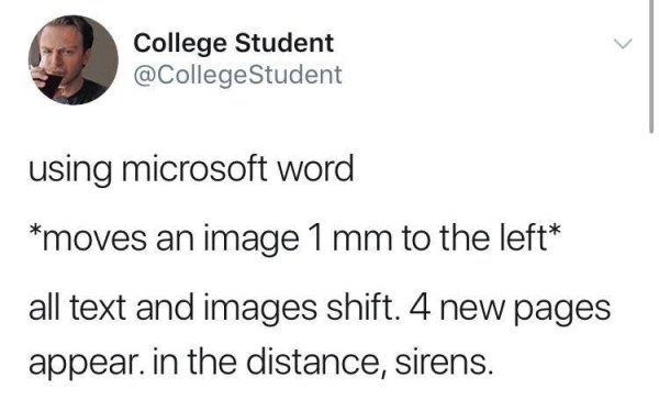 ms word meme - College Student Student using microsoft word moves an image 1 mm to the left all text and images shift. 4 new pages appear. in the distance, sirens.