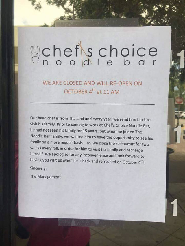 Sign on Noodle Bar that sends their chef home for 2 weeks a year to see his family.