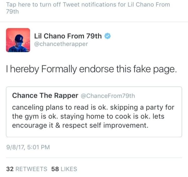 wholesome memes - wholesome meme of tyler the creator chance the rapper tweet - Tap here to turn off Tweet notifications for Lil Chano From 79th Lil Chano From 79th Thereby Formally endorse this fake page. Chance The Rapper canceling plans to read is ok. 