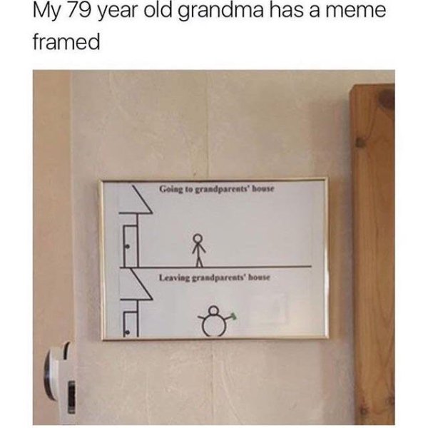 wholesome meme of grandma meme - My 79 year old grandma has a meme framed Going to grandparents' house Leaving grandparents' house
