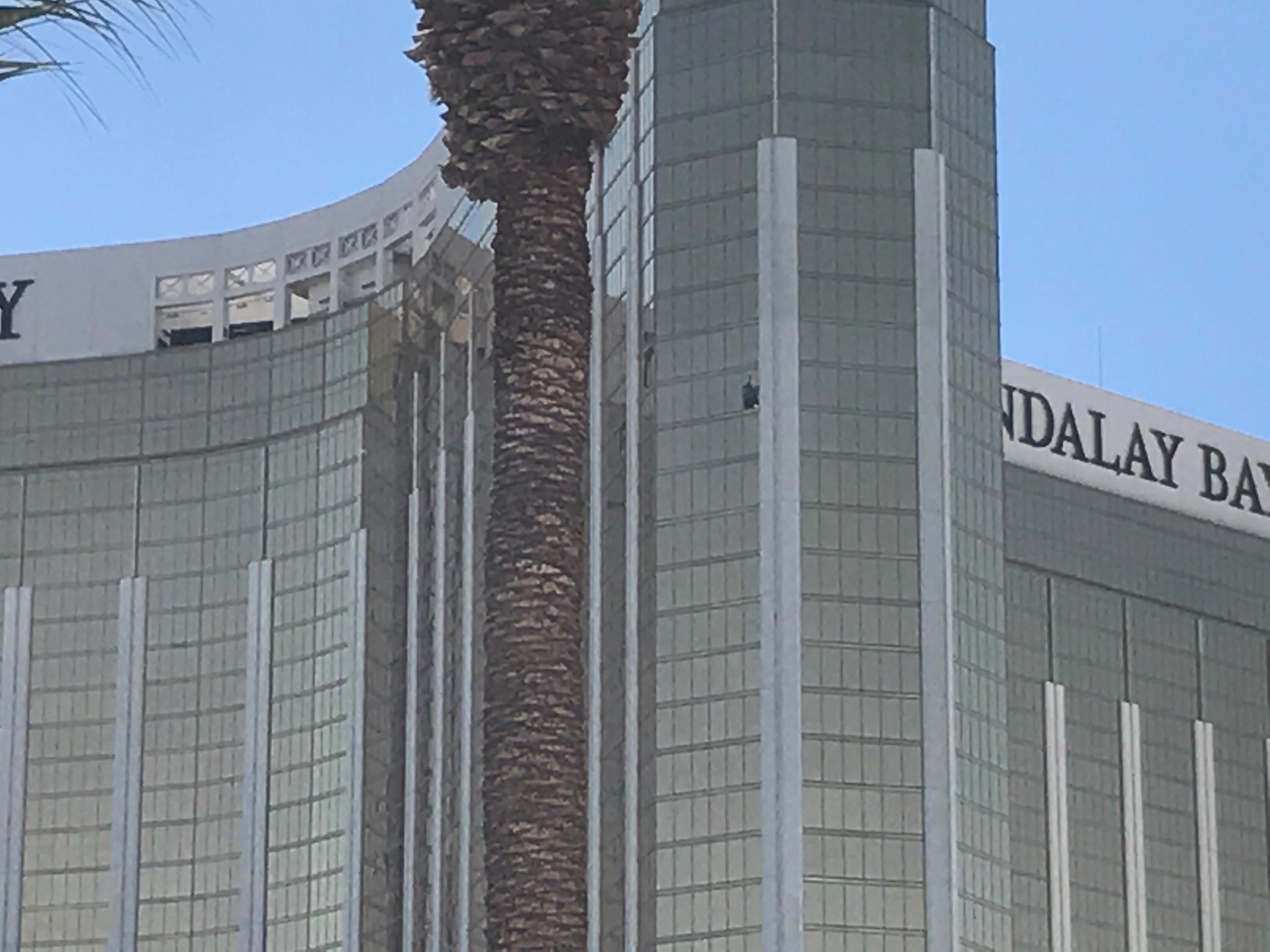 Blown out window from the shooting in Las Vegas last night