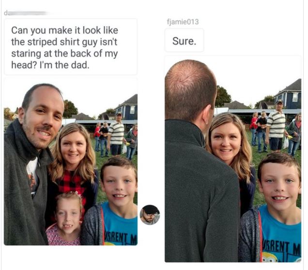 james fridman twitter photoshop - fjamie013 Sure. Can you make it look the striped shirt guy isn't staring at the back of my head? I'm the dad. Morent Vrrent