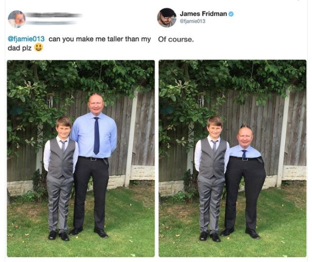photoshop james meme - James Fridman fjamie013 can you make me taller than my Of course, dad plz