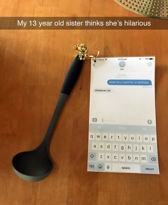 Snapchat of soup ladle for birthday gift and a printout of the DM in which sister said anything is fine for her birthday