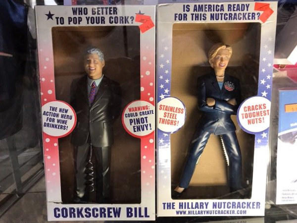 Thrift shop find of Bill Clinton bottle opener and Hillary nut cracker