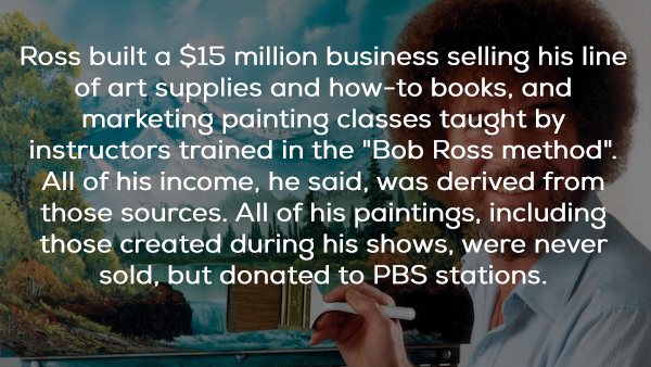 photo caption - Ross built a $15 million business selling his line of art supplies and howto books, and marketing painting classes taught by instructors trained in the "Bob Ross method". All of his income, he said, was derived from those sources. All of h