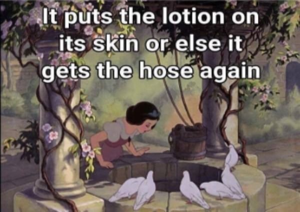 snow white it puts the lotion on its skin - It puts the lotion on its skin or else it gets the hose again