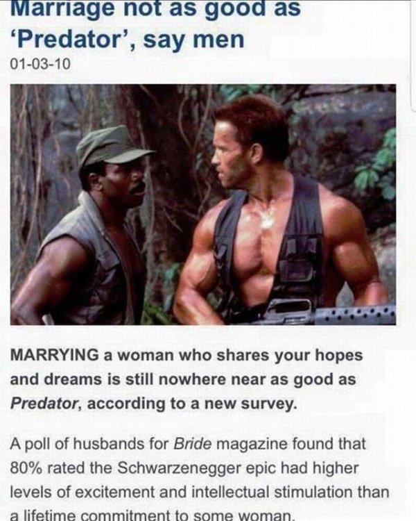 arnold schwarzenegger predator - Marriage not as good as Predator', say men 010310 Marrying a woman who your hopes and dreams is still nowhere near as good as Predator, according to a new survey. A poll of husbands for Bride magazine found that 80% rated 