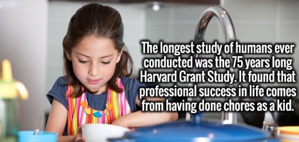 Grant Study - The longest study of humans ever conducted was the 75 years long Harvard Grant Study. It found that professional success in life comes from having done chores as a kid.