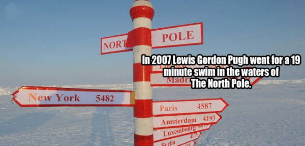 north pole sign - Pole Nort In 2007 Lewis Gordon Pugh went for a 19 minute swim in the waters of Madr The North Pole. New York 5482 Paris 4587 Amsterdam 4193 Luxembourg Berlin