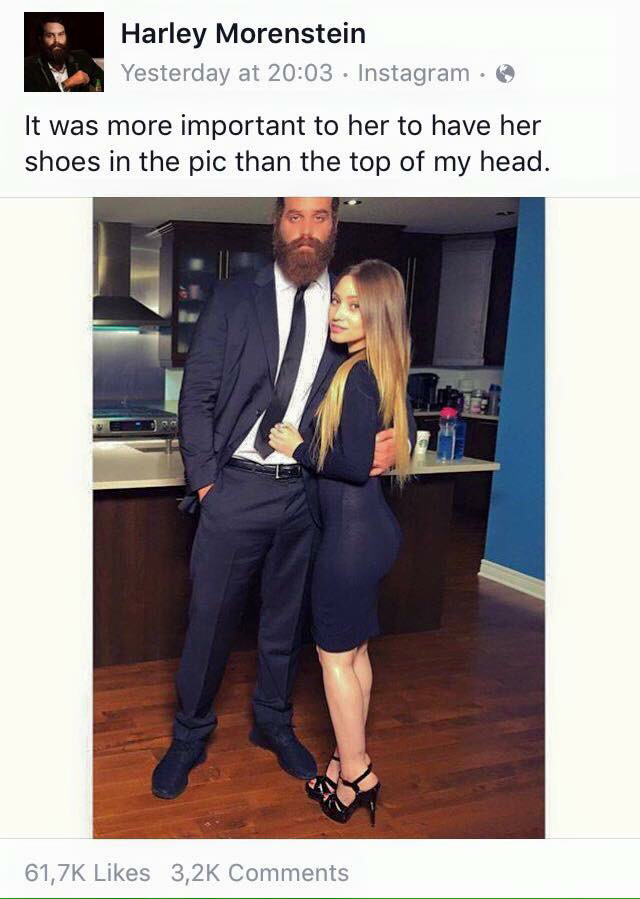funny relationship instagram memes - Harley Morenstein Yesterday at Instagram It was more important to her to have her shoes in the pic than the top of my head.