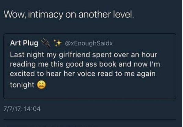 wholesome meme of wholesome relationship memes - Wow, intimacy on another level. Art Plug Last night my girlfriend spent over an hour reading me this good ass book and now I'm excited to hear her voice read to me again tonight 7717,