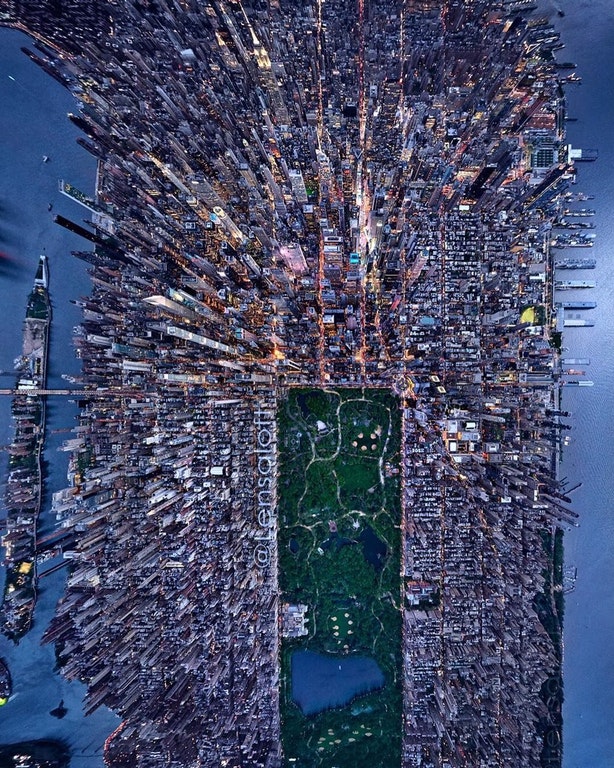 Aerial view of New York at dusk.