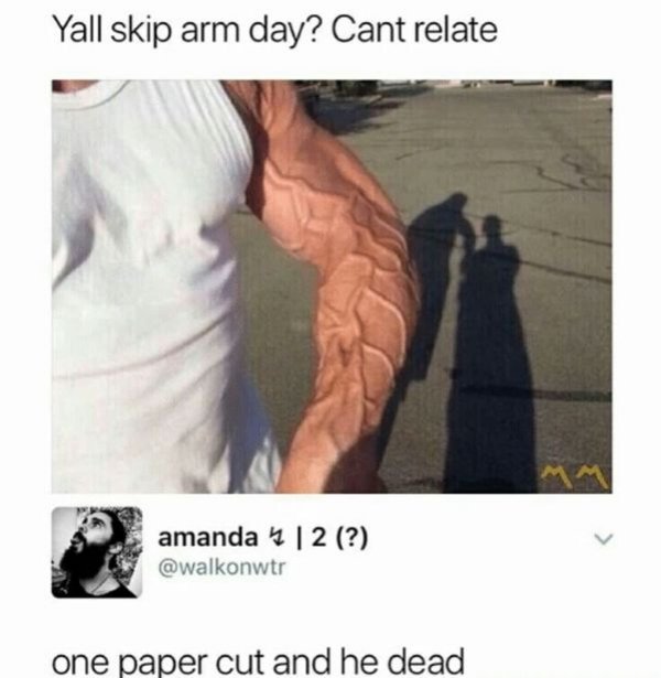 that escalated one paper cut - Yall skip arm day? Cant relate amanda | 2 ? one paper cut and he dead