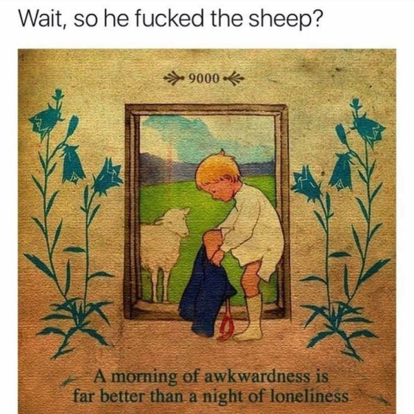 morning of awkwardness is far better than - Wait, so he fucked the sheep? 9000 A morning of awkwardness is far better than a night of loneliness