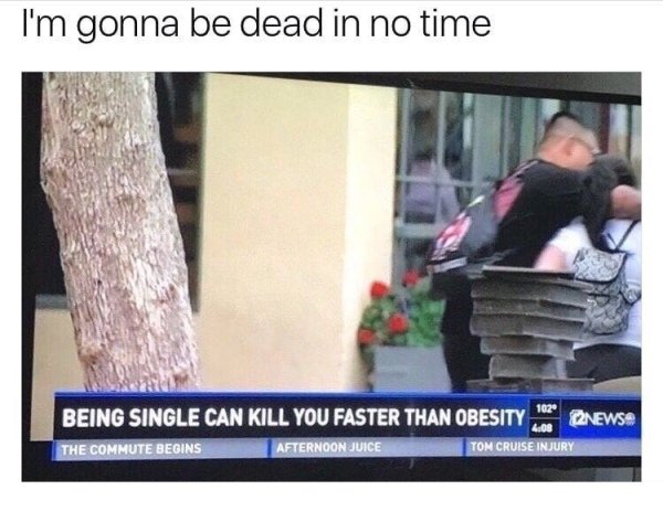 single jokes - I'm gonna be dead in no time 102 Qnews Being Single Can Kill You Faster Than Obesity The Commute Begins Afternoon Juice Tom Cruise Injury