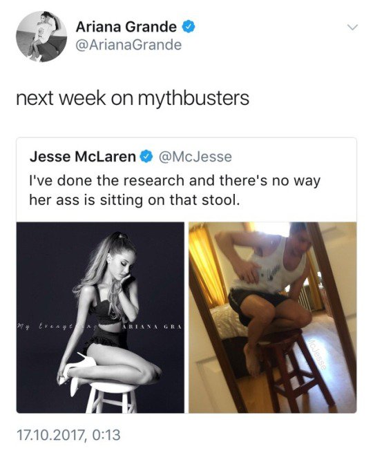 random humor memes - Ariana Grande Grande next week on mythbusters Jesse McLaren I've done the research and there's no way her ass is sitting on that stool. Every Ariana Gra 17.10.2017,