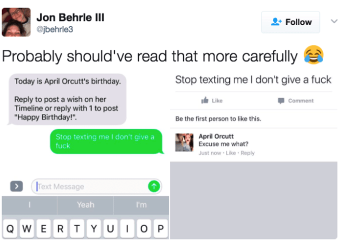 stop texting me i don t give - Jon Behrle Iii Probably should've read that more carefully Stop texting me I don't give a fuck Today is April Orcutt's birthday. e Comment to post a wish on her Timeline or with 1 to post "Happy Birthday!". Be the first pers