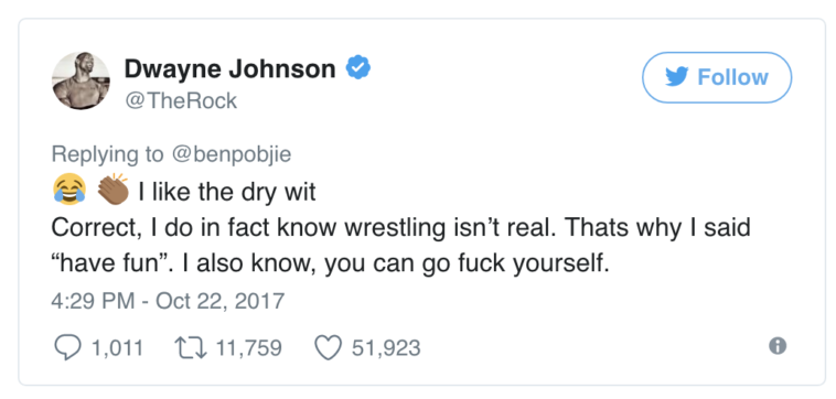 flirting tweets - 2. Dwayne Johnson I the dry wit Correct, I do in fact know wrestling isn't real. Thats why I said "have fun". I also know, you can go fuck yourself. 9 1,011 22 11,759 51,923