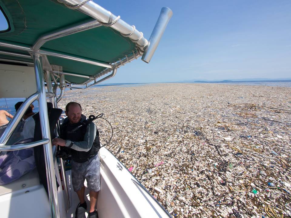 A floating mass of plastic and styrofoam found off the coast of Honduras