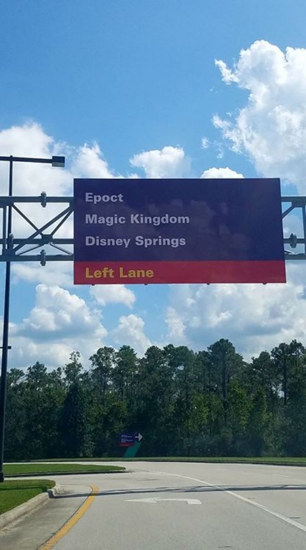 misspelled disney signs - Epoct Magic Kingdom Disney Springs Left Lane