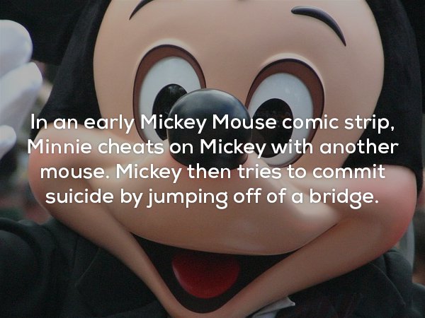 photo caption - In an early Mickey Mouse comic strip, Minnie cheats on Mickey with another mouse. Mickey then tries to commit suicide by jumping off of a bridge