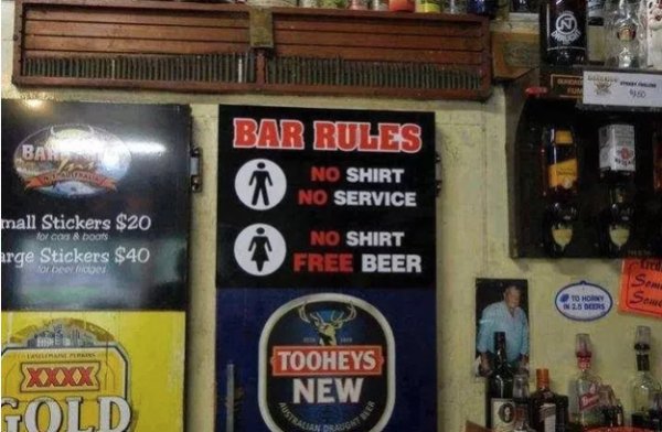 tooheys new - Bar Rules No Shirt No Service mall Stickers $20 arge Stickers $40 for ca & boots No Shirt Free Beer ororo Mera Xxxx Tooheys New Fold Rann
