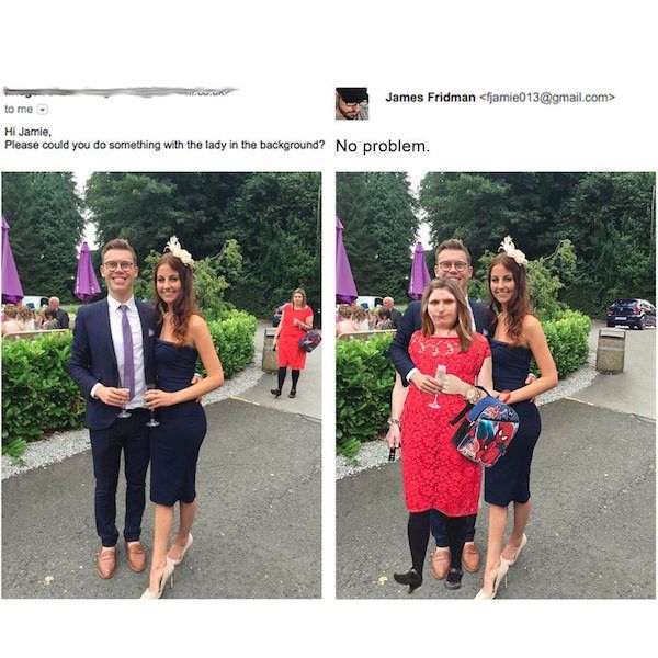 james fridman photoshop - James Fridman  to me Hi Jamie, Please could you do something with the lady in the background? No problem.