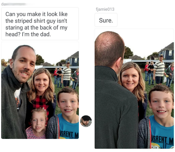 james fridman photoshop - fjamie013 Sure. Can you make it look the striped shirt guy isn't staring at the back of my head? I'm the dad. Verentm | Verentm