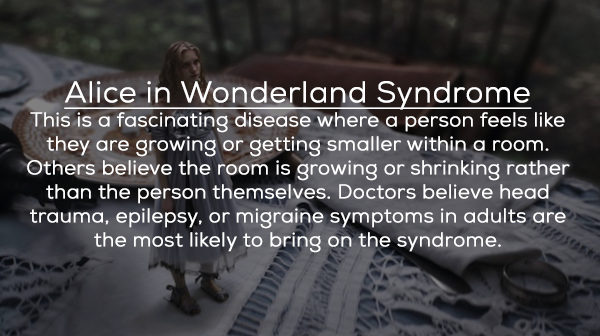 photo caption - ng disetting sming or s believedults Alice in Wonderland Syndrome This is a fascinating disease where a person feels they are growing or getting smaller within a room. Others believe the room is growing or shrinking rather than the person 