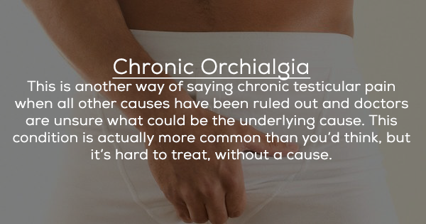 shoulder - Chronic Orchialgia This is another way of saying chronic testicular pain when all other causes have been ruled out and doctors are unsure what could be the underlying cause. This condition is actually more common than you'd think, but it's hard