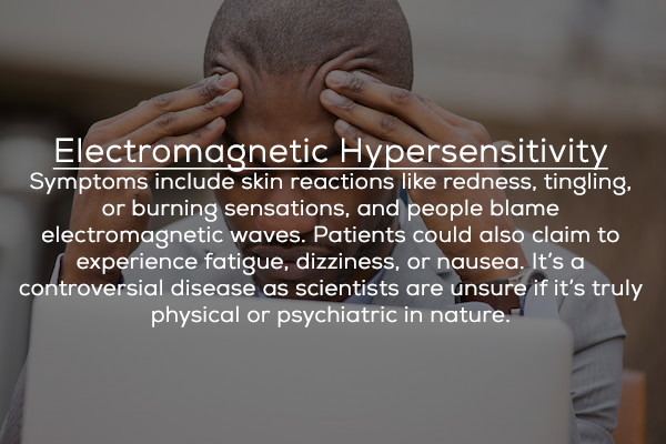 photo caption - Electromagnetic Hypersensitivity Symptoms include skin reactions redness, tingling, or burning sensations, and people blame electromagnetic waves. Patients could also claim to experience fatigue, dizziness, or nausea. It's a controversial 